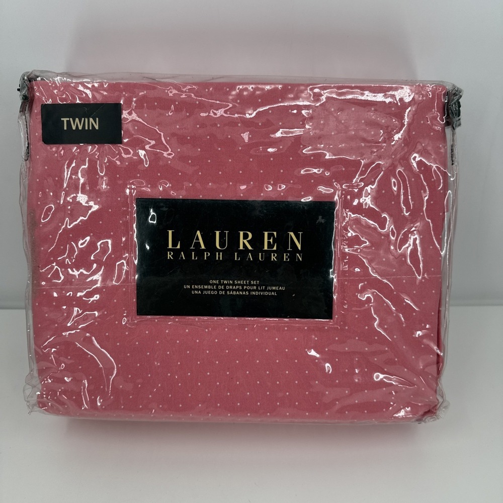LAUREN RALPH LAUREN 100% Cotton Twin Sheet Set Pink White Polka Dots 3pc Set NEW